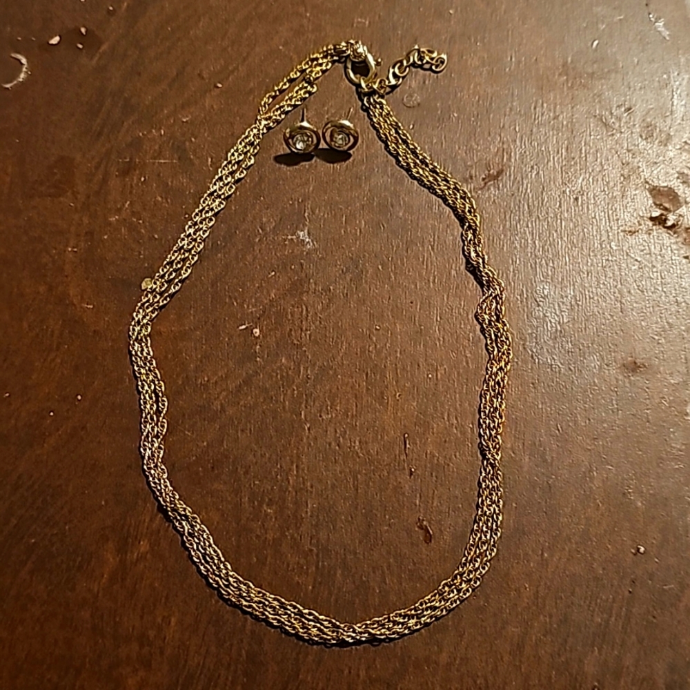 Fun Vintage Jewelry, Monet, 3 Strand Goldtone Chain Necklace, Earrings w/Rhinest